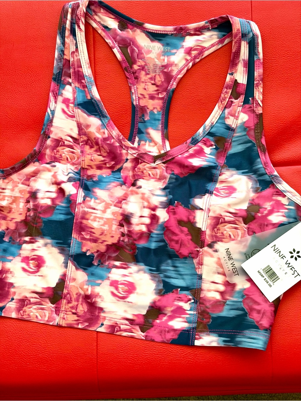 Nine West Floral Racerback Sports Bra - Fuchsia & Teal